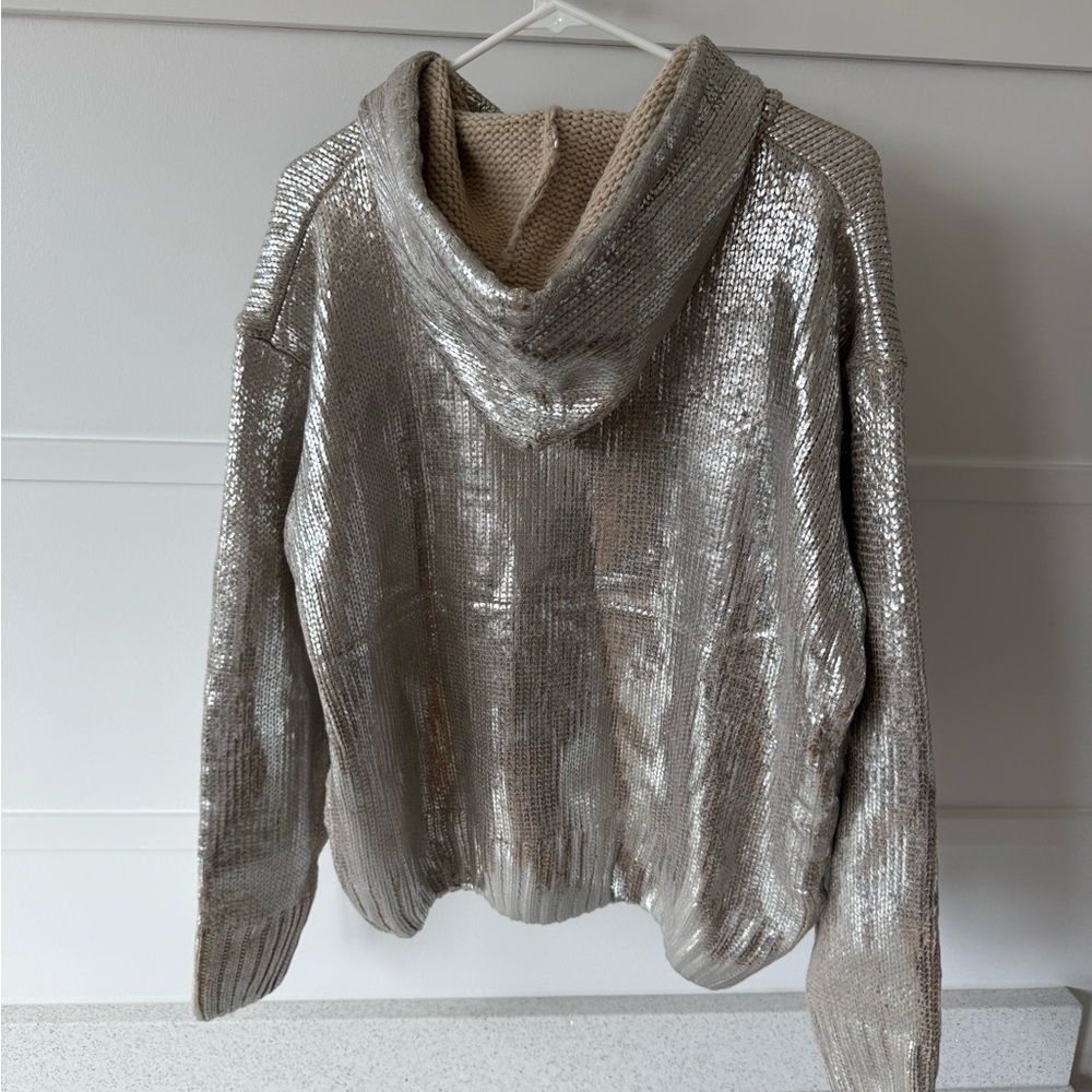 Metallic Silver Knit Hoodie Sweater - Women - Picture 2 of 2